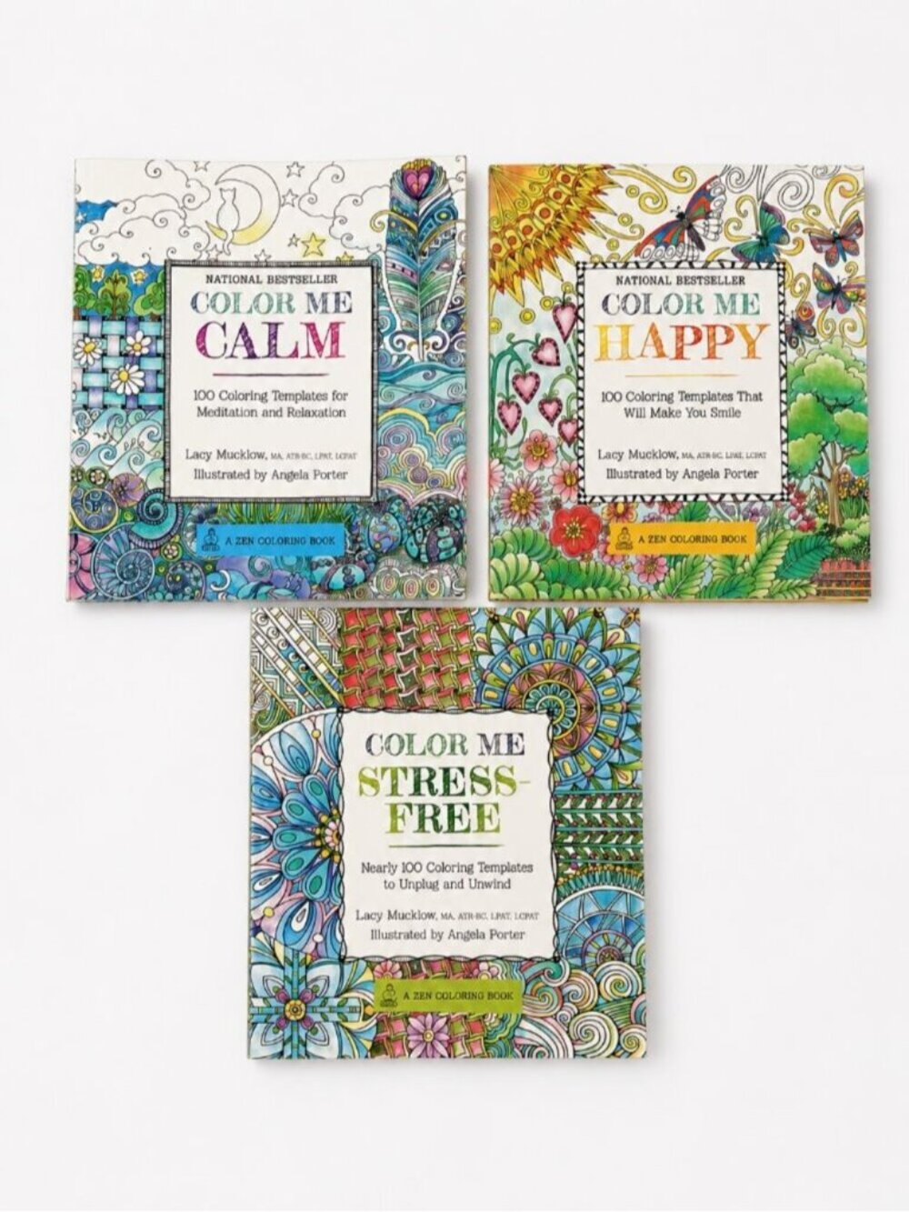 Color Me Calm, Happy & Stress-Free Adult Coloring Book Lot of 3 Lacy Mucklow